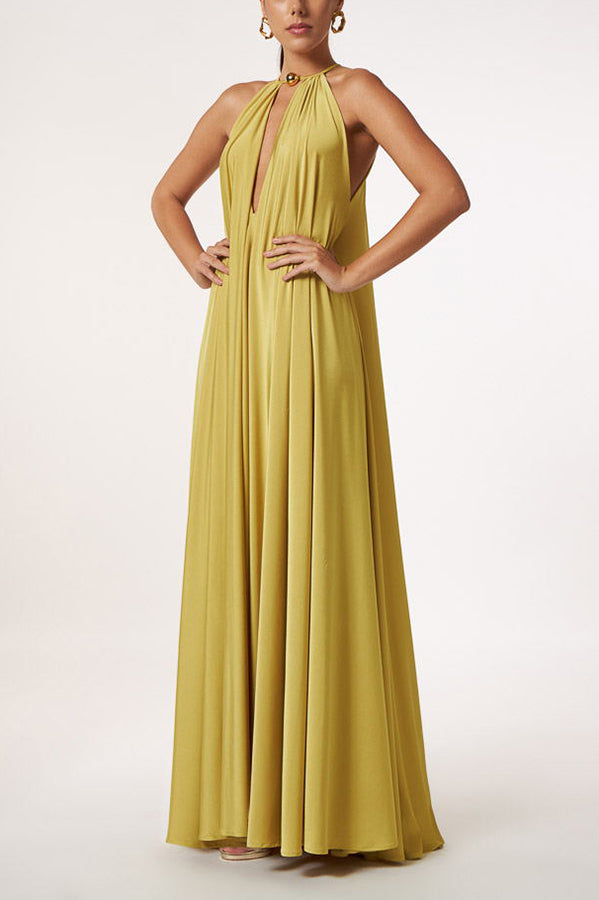 CM | Diosa Griega Inconfundible Dorado Cuello Halter Línea A Maxi Vestido