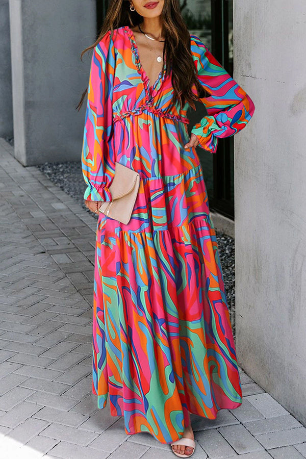 CM | maxi vestido escotado con volantes y estampado floral multicolor