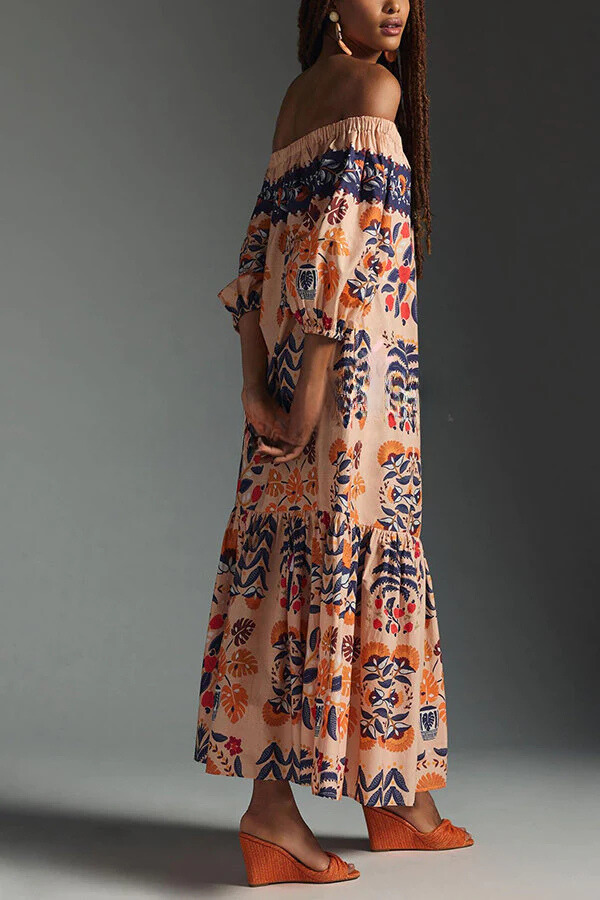 CM | Island Lover Vestido midi estampado con hombros al aire