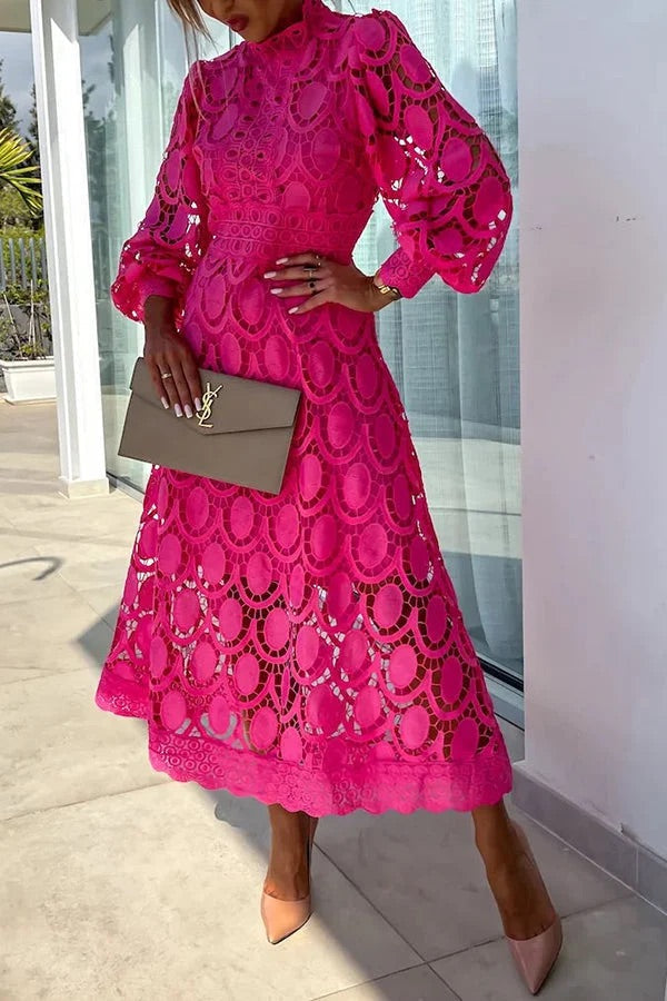 CM | Romántico, Sensual y Elegante Vestido Midi de Encaje de Crochet con Manga Farol de Fiesta