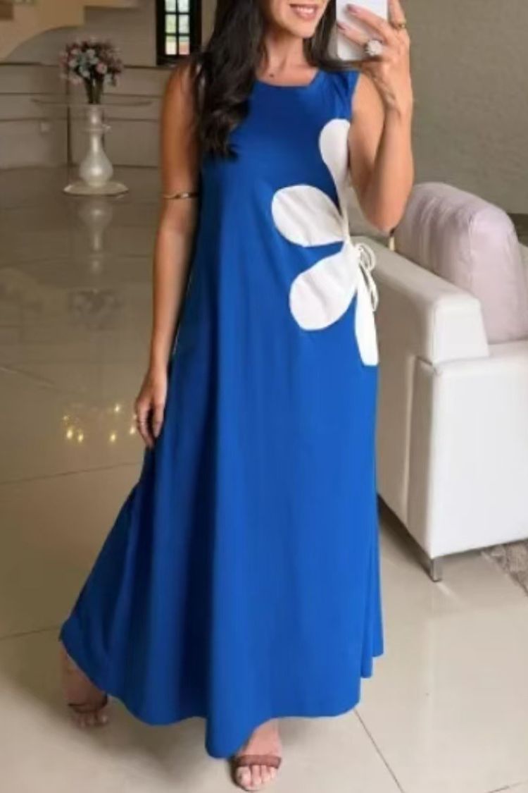 CM | Color Sólido Cuello Redondo Floral Maxi Vestido
