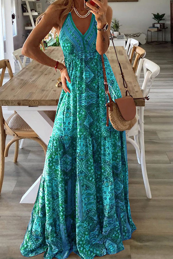CM | Celeste maxi vestidos de tirantes con estampado boho y cintura elástica