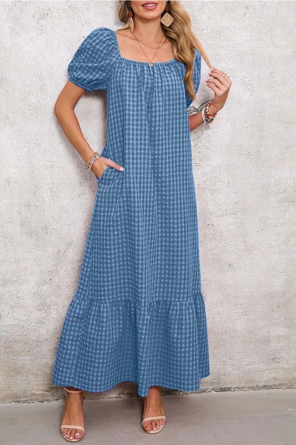 CM | maxi vestido a cuadros con mangas abullonadas y escote cuadrado