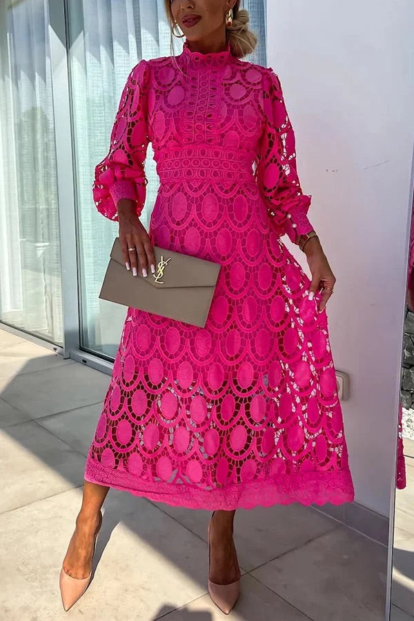 CM | Romántico, Sensual y Elegante Vestido Midi de Encaje de Crochet con Manga Farol de Fiesta