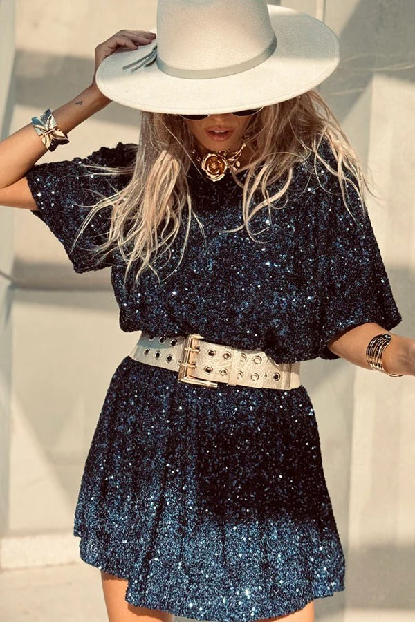 CM | Night Moves tela de lentejuelas mangas cortas sin espalda H-line mini vestido