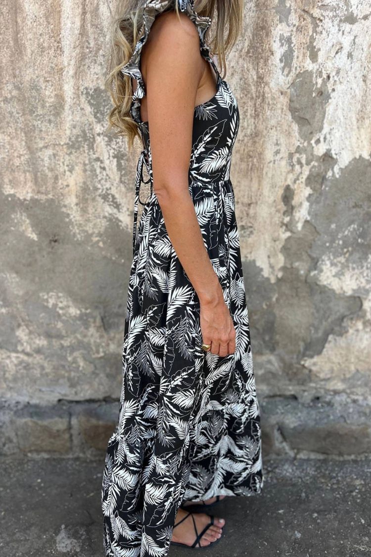 CM | Elegante maxi vestido con mangas de volantes y estampado de plumas de corbata hueca