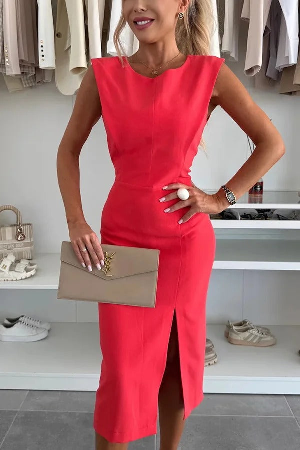 CM | Color sólido Escote redondo Sin mangas Vestido midi slim-fit con abertura