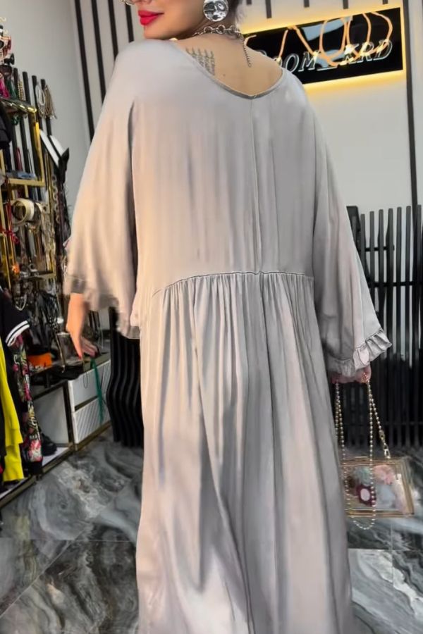 CM | satén color sólido v cuello hoja de loto mangas sueltas plisado maxi vestido