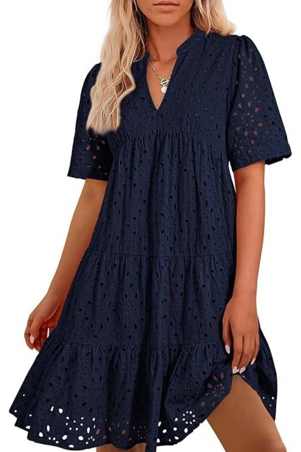 CM | Cuello en V de Mujer Manga Corta Hueco Mini Vestido de Vacaciones