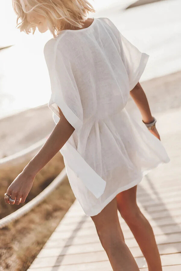 CM | mini vestido kimono con cinturón de bolsillo en mezcla de algodón y lino