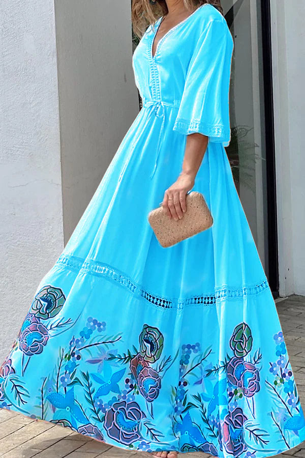 CM | Elegante Único Impreso Encaje Patchwork Encaje Maxi Vestido