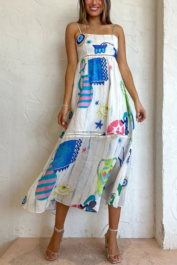 CM | She's The Fun Vestido midi con estampado lúdico en mezcla de lino y ribete en escalera