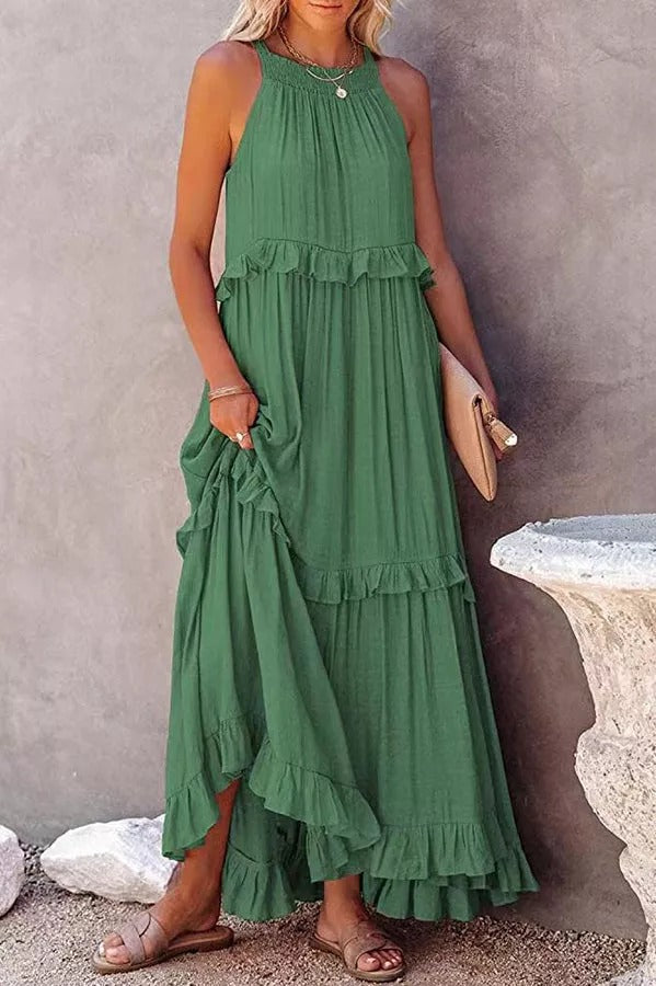 CM | Vittoria Vestido maxi halter fruncido con volantes