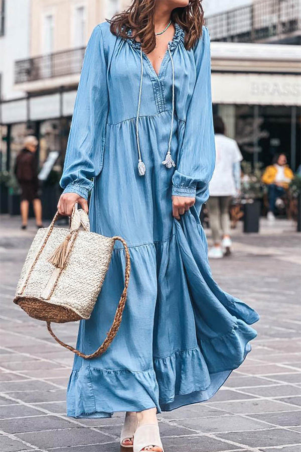 CM | maxi vestido vaquero de manga larga con escote en V y volantes