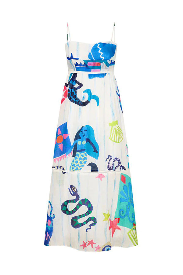 CM | She's The Fun Vestido midi con estampado lúdico en mezcla de lino y ribete en escalera