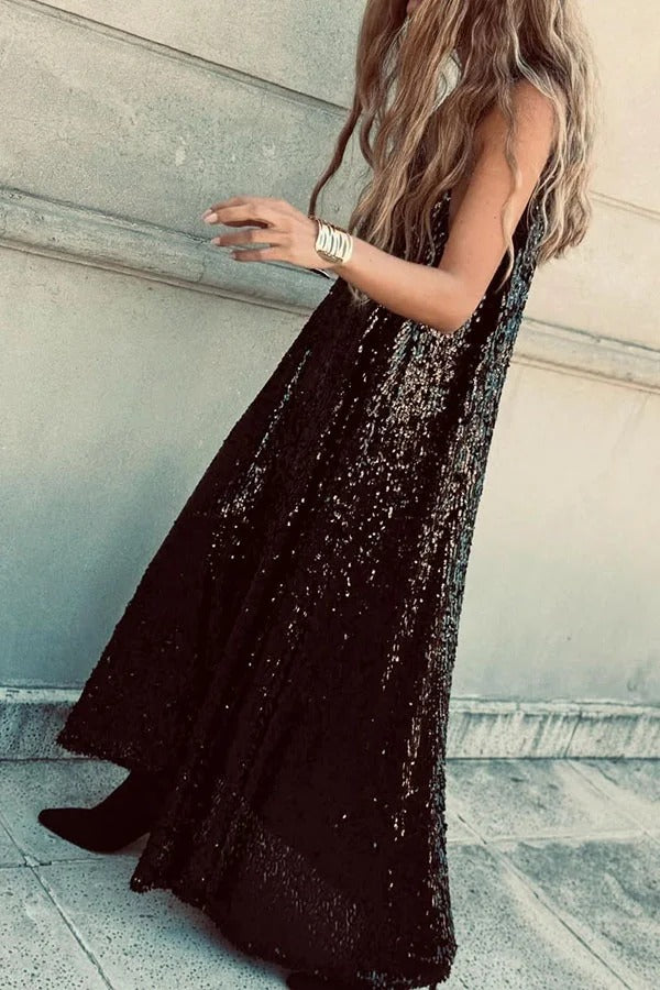 CM | Twas The Night Lentejuelas Cuello Redondo Sin Mangas Drapeado Suelto Maxi Vestido