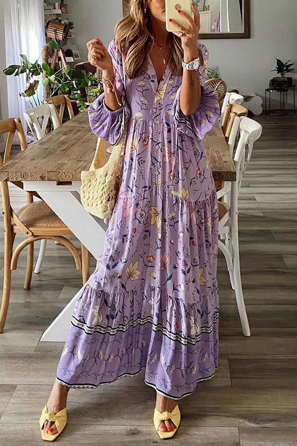 CM | Maxi Vestido de Manga Larga con Botones en Línea A Estampado Sabor Lavanda