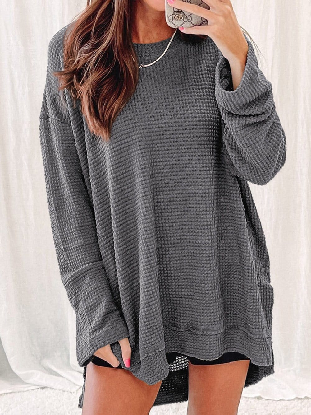 Casual Chunky Knit Mock Neck Long Sleeve Split Pullover Sweater