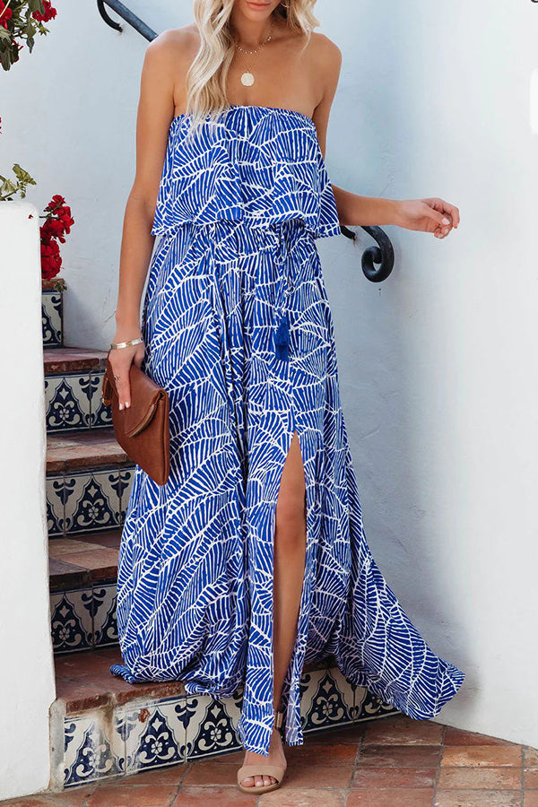 CM | Picnic de Verano Impreso Cintura Elástica Sin Tirantes Maxi Vestido