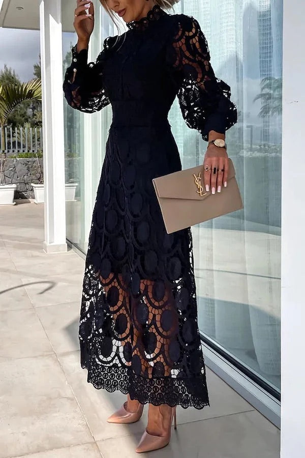 CM | Romántico, Sensual y Elegante Vestido Midi de Encaje de Crochet con Manga Farol de Fiesta
