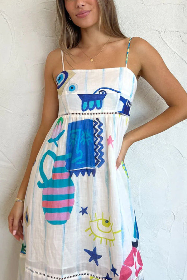CM | She's The Fun Vestido midi con estampado lúdico en mezcla de lino y ribete en escalera