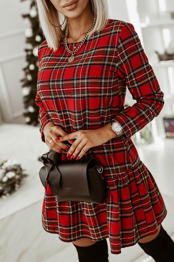 CM | Moda patrón de cuadros mangas largas escote redondo delgado mini vestido