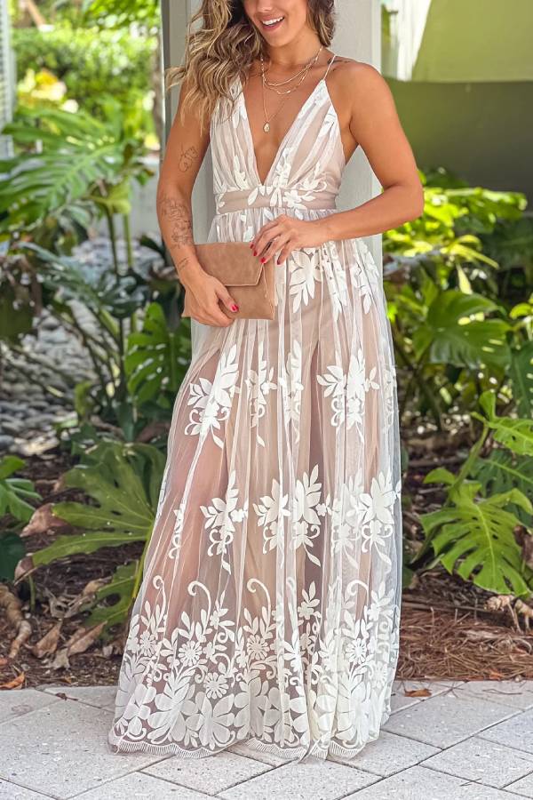 CM | Maxi Vestido de Tul Floral con Espalda Cruzada Blanco y Beige