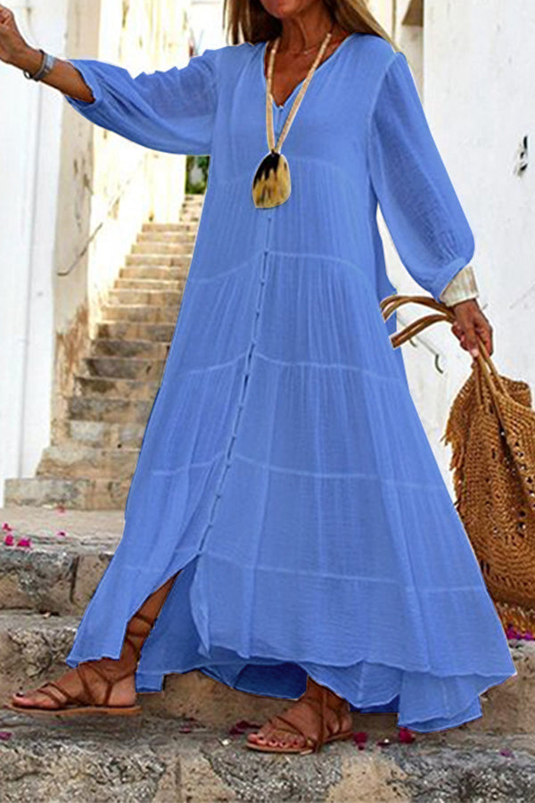 CM | Seraphina maxi vestido en mezcla de algodón y lino con cierre de botones