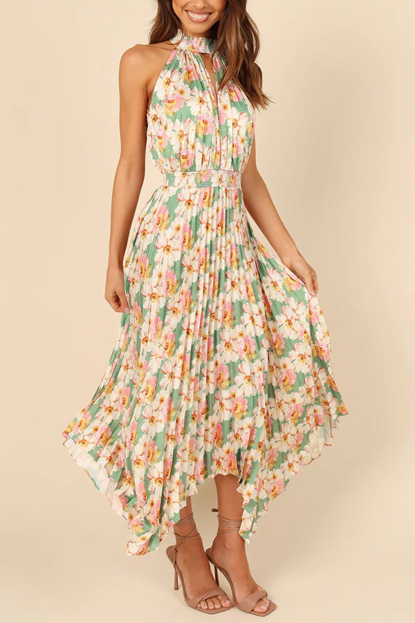 CM | Luxe Look Satén Plisado Halter Cintura Elástica Vestido Midi