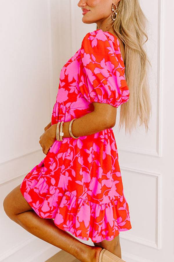 CM | Rojo Floral Burbuja Manga Sweetheart Cuello Ruffled Mini Vestido