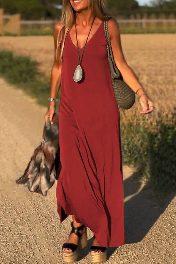 CM | Color Sólido Cuello en V Vestido Maxi Casual Sin Mangas