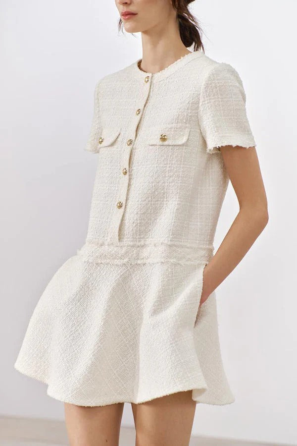CM | 1960s London Girl tweed texturizado botón dorado manga corta bolsillo mini vestido
