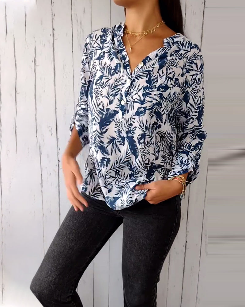 CM | Blusa casual con botones y estampado de hojas con cuello en V y mangas nueve cuartos
