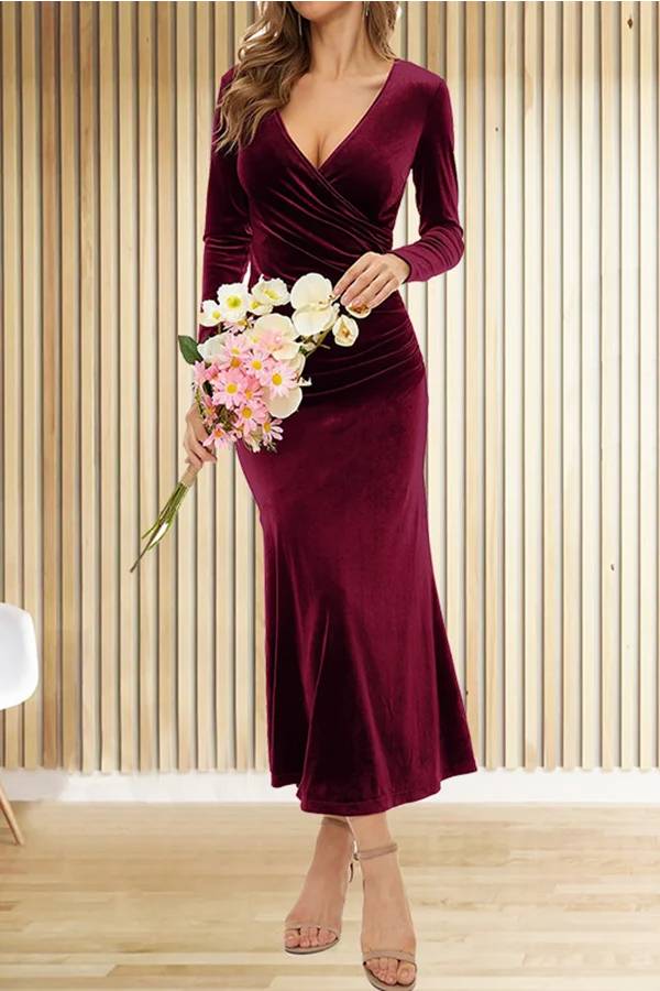 CM | Terciopelo Sólido Manga Larga Cuello en V Slim Fit Fishtail Maxi Vestido