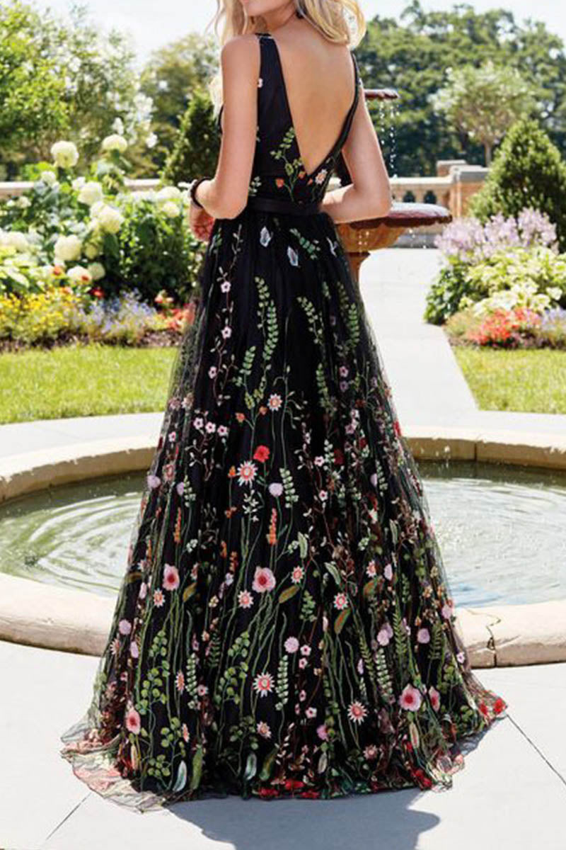 CM | 3D Floral con escote en V y espalda abierta maxi vestido