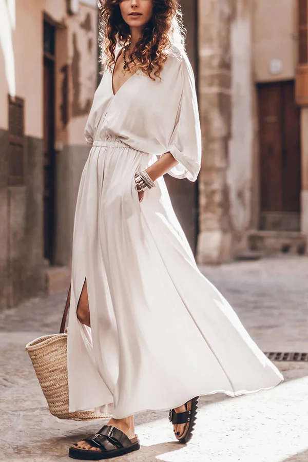 CM | Suave y Elegante Kimono Manga Elástica Cintura Bolsillo Abertura Maxi Vestido