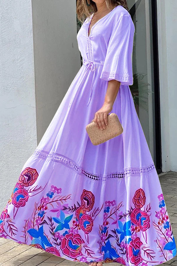 CM | Elegante Único Impreso Encaje Patchwork Encaje Maxi Vestido