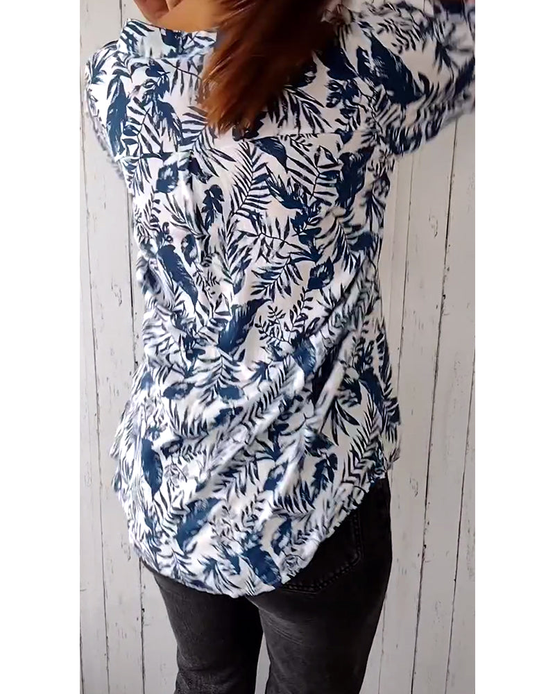 CM | Blusa casual con botones y estampado de hojas con cuello en V y mangas nueve cuartos