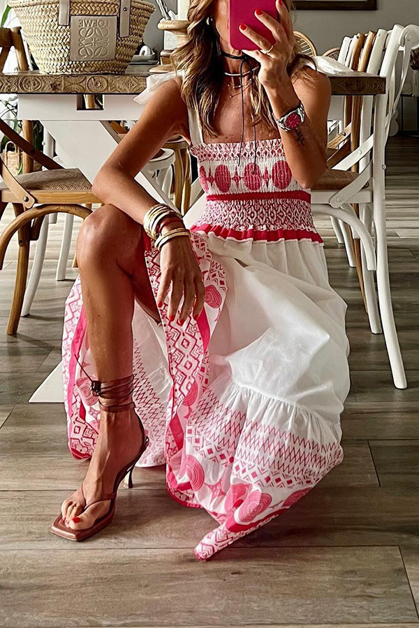 CM | Malibu Villa maxi vestido estampado étnico con hombros fruncidos