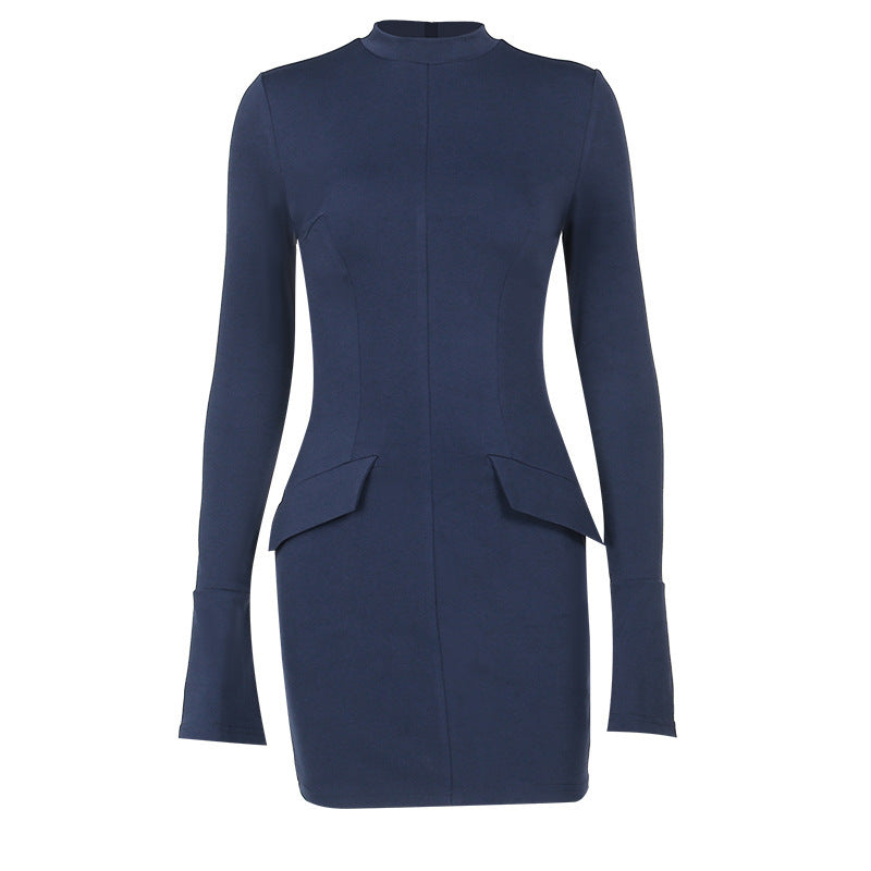 CM | Moda Vestido de Manga Larga con Dos Bolsillos Delgado Bodycon Cadera Vestido Corto para Mujer