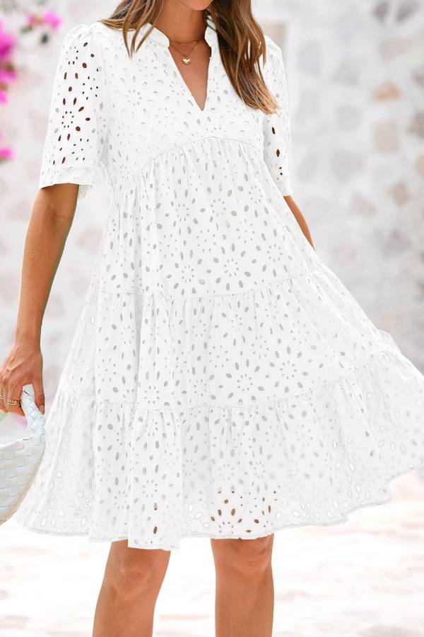 CM | Cuello en V de Mujer Manga Corta Hueco Mini Vestido de Vacaciones