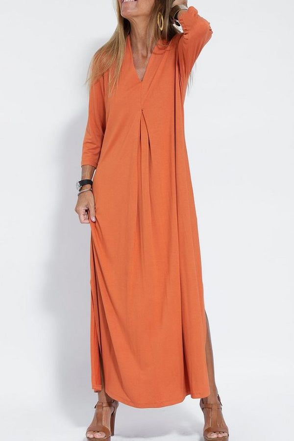 CM | moda color sólido cuello en v manga tres cuartos vestido largo de punto hendidura