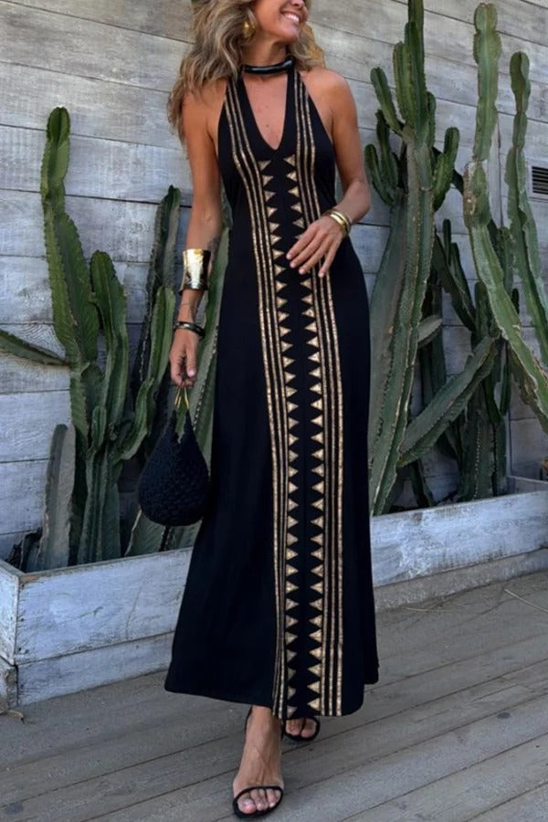 CM | Meret Oro Estampado Geométrico Maxi Vestido Estirado Sin Espalda con Halter