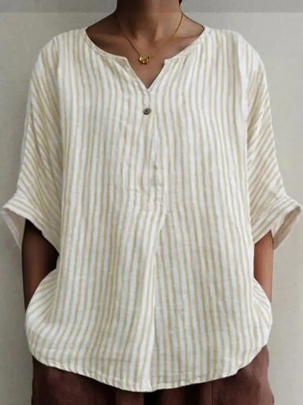 CM | Blusa blanca de color albaricoque con cuello de pico, estampado de rayas y media manga