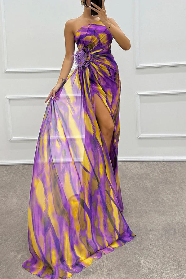 CM | Amazing Views Acuarela Imprimir Pluma Rosa Detalle Off Shoulder Plisado Hendidura Maxi Vestido