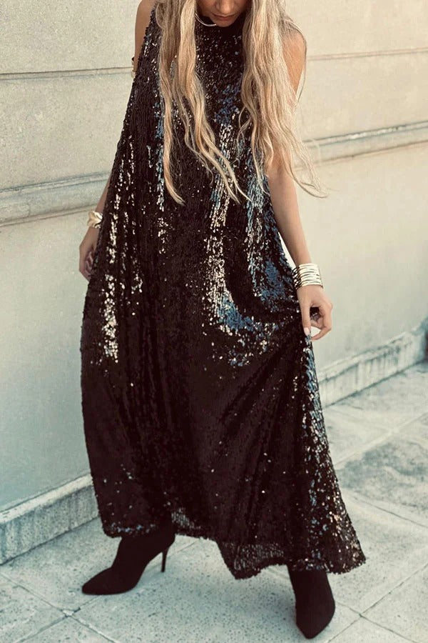 CM | Twas The Night Lentejuelas Cuello Redondo Sin Mangas Drapeado Suelto Maxi Vestido