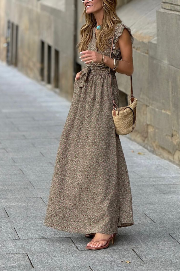 CM | Cuello en V Vestido largo fruncido de manga corta ceñido a la cintura con estampado floral