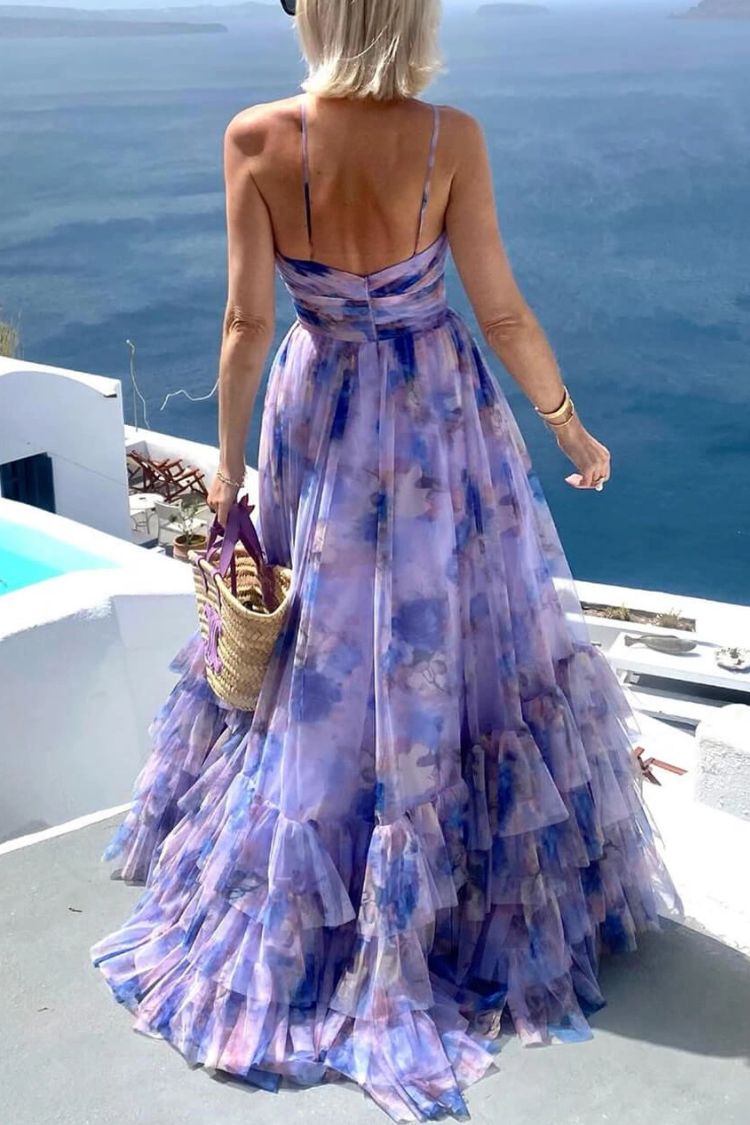 CM | Dreamy Clouds Tul estampado Rosa Detalle Cuello Ruffle Striped Halter Maxi Vestido