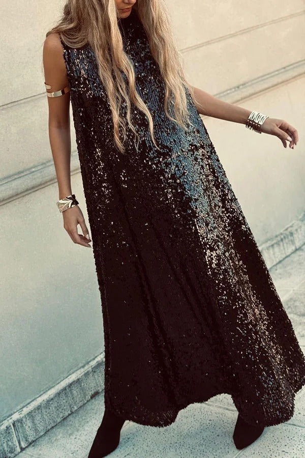 CM | Twas The Night Lentejuelas Cuello Redondo Sin Mangas Drapeado Suelto Maxi Vestido