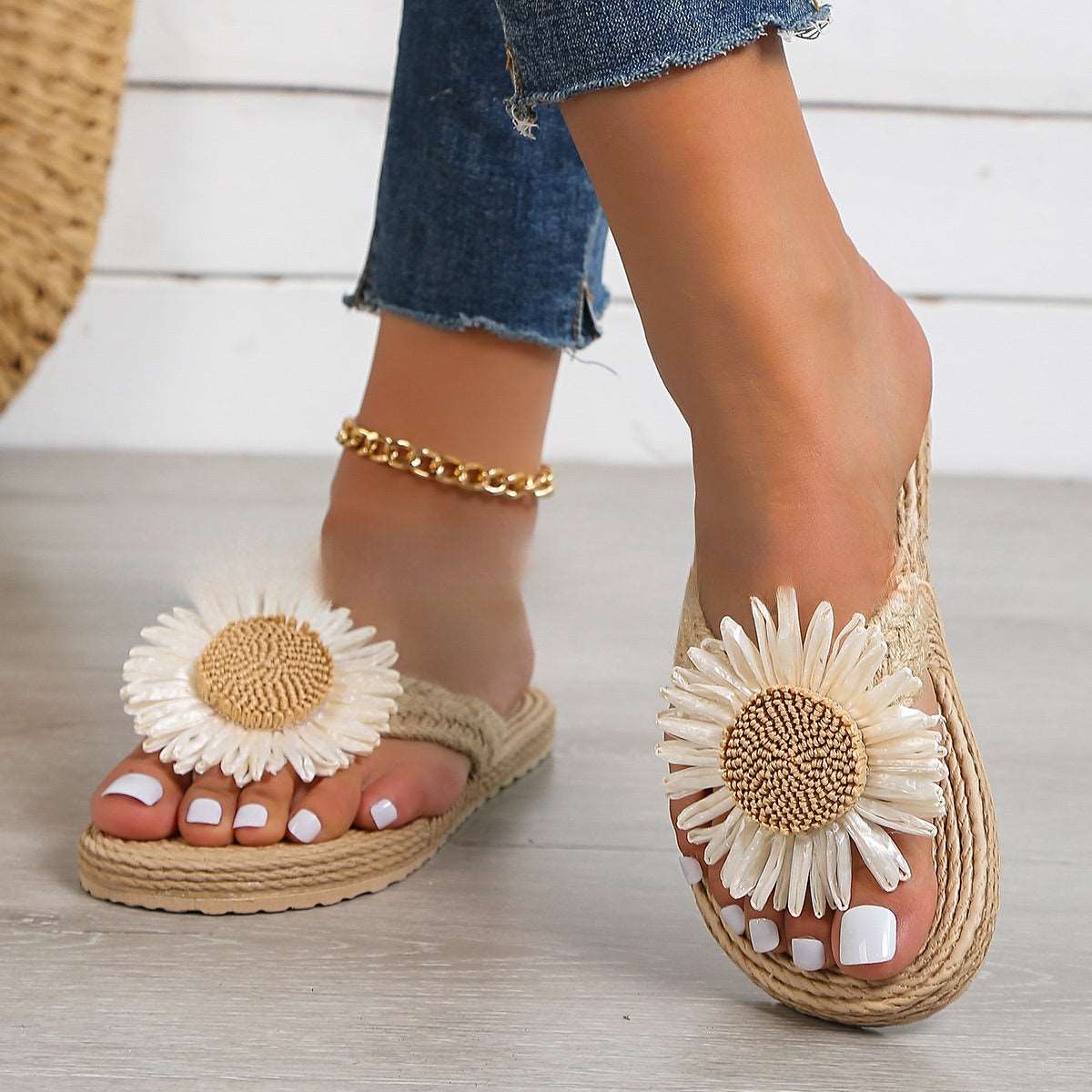 CM | Sandalias planas de mujer bohemias casuales con flor